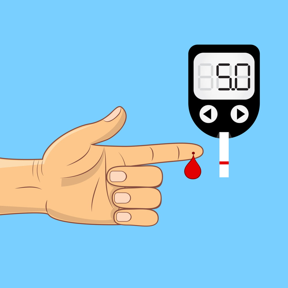 Finger with blood drop. Blood glucose measuring device vector icon. Simple flat design.
